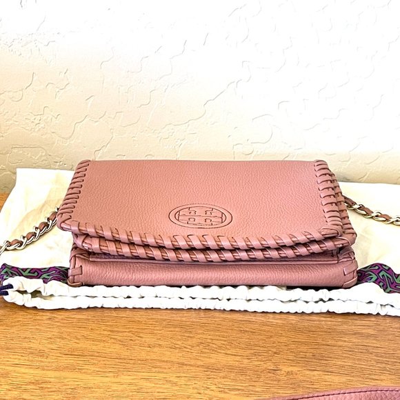 Tory Burch Crossbody Bag Marion Combo Maple Sugar Mauve Pink Leather Whipstitch - Picture 8 of 11